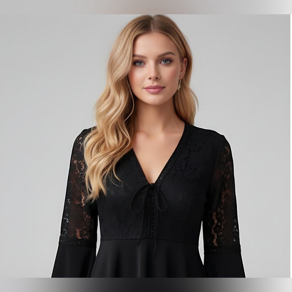 LAST ONE 🔥 Guipure Lace Insert Flounce Sleeve Knot Front Dress - Picture 2 of 6